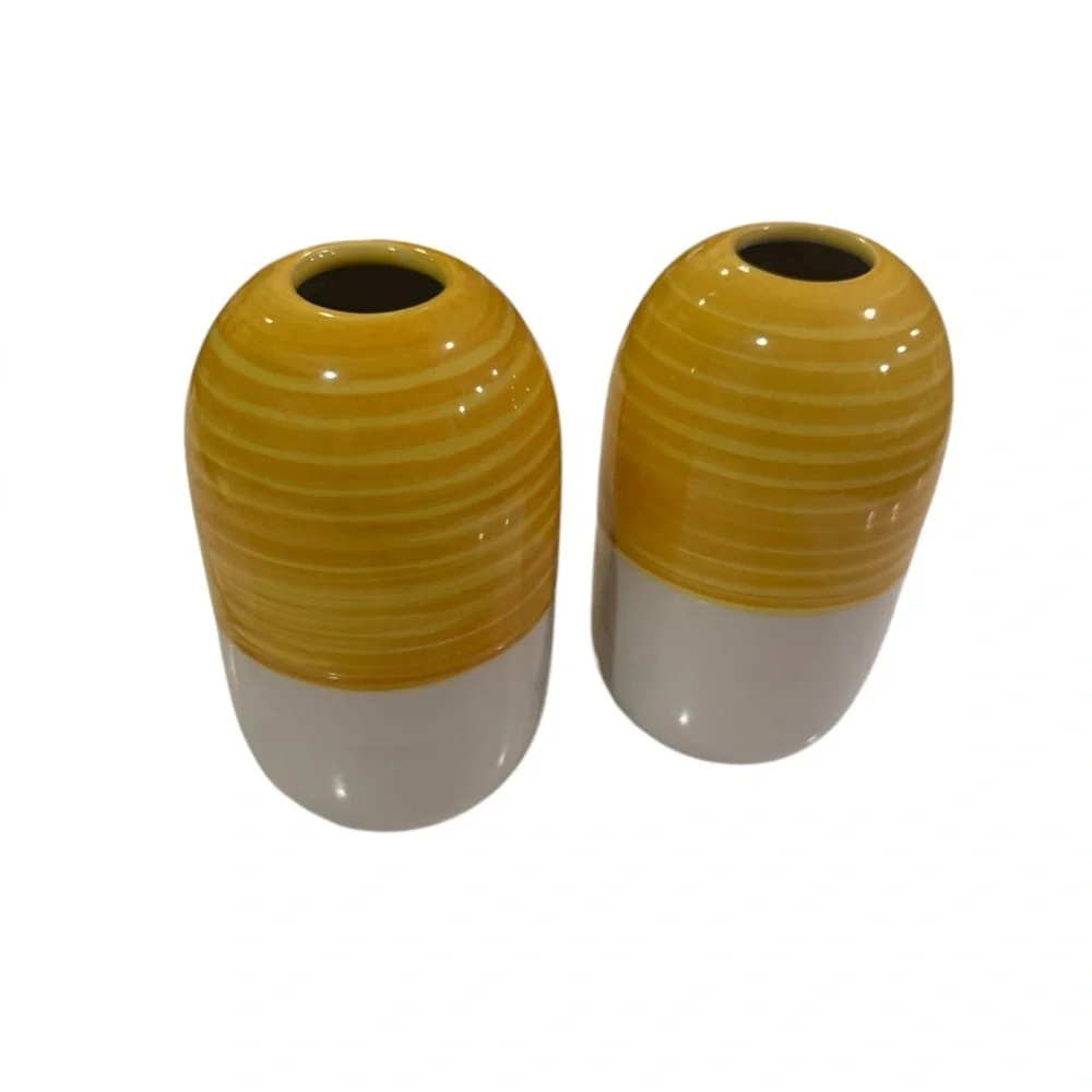 IKEA Knaprig Stoneware Beehive Cylinder Vases in Yellow and White Vintage
